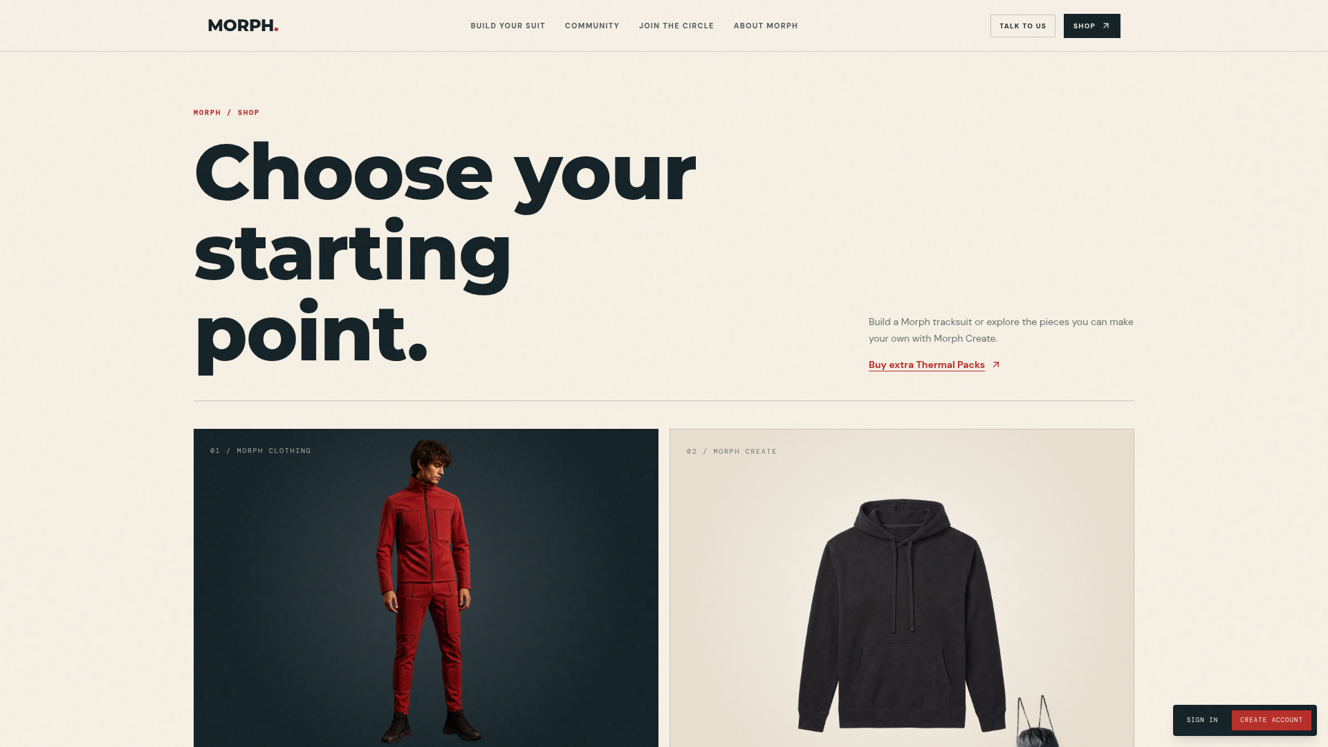 Morph shop featuring Morph Clothing and Morph Create destinations